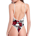 Red Peony Skull Pattern Print High Cut One Piece Swimsuit