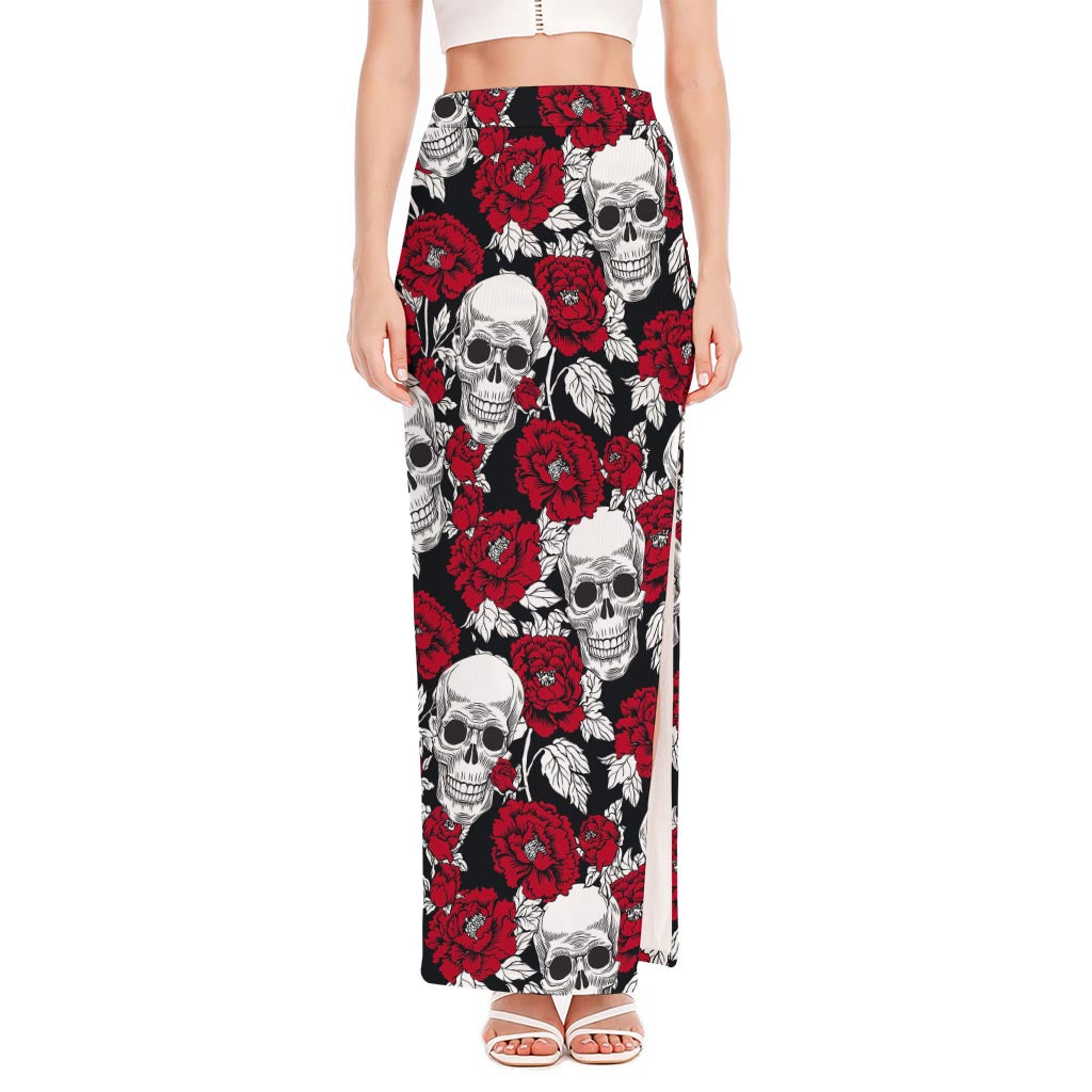 Red Peony Skull Pattern Print High Slit Maxi Skirt