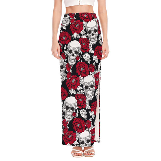 Red Peony Skull Pattern Print High Slit Maxi Skirt