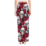 Red Peony Skull Pattern Print High Slit Maxi Skirt