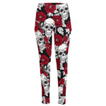 Red Peony Skull Pattern Print High-Waisted Pocket Leggings