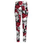 Red Peony Skull Pattern Print High-Waisted Pocket Leggings