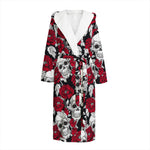 Red Peony Skull Pattern Print Hooded Bathrobe