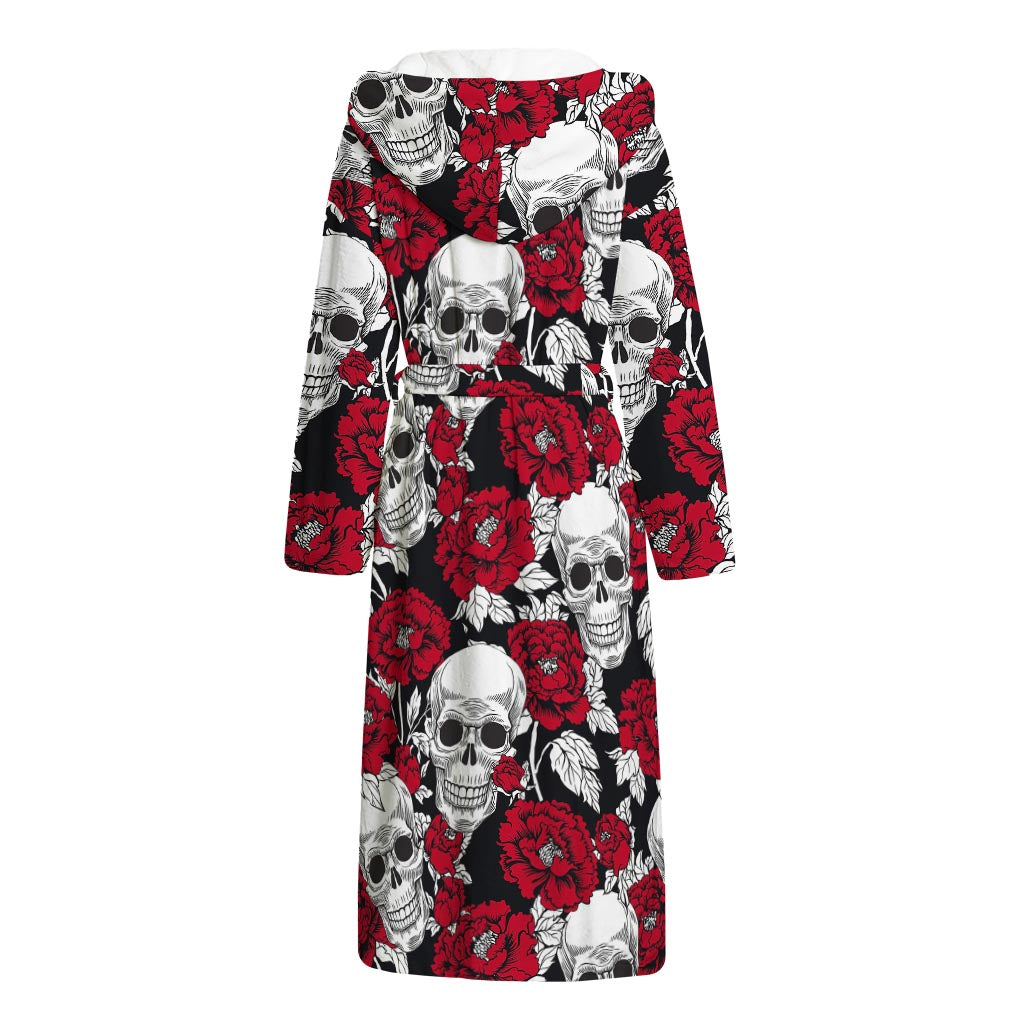 Red Peony Skull Pattern Print Hooded Bathrobe