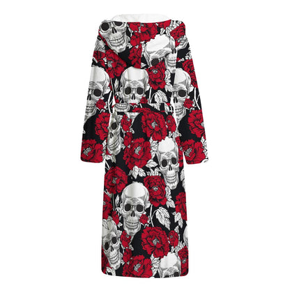 Red Peony Skull Pattern Print Hooded Bathrobe