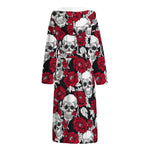 Red Peony Skull Pattern Print Hooded Bathrobe