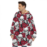 Red Peony Skull Pattern Print Hoodie Blanket