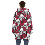Red Peony Skull Pattern Print Hoodie Blanket