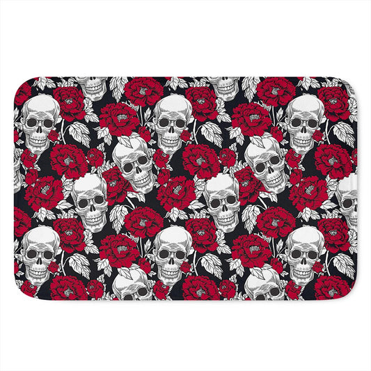 Red Peony Skull Pattern Print Indoor Door Mat