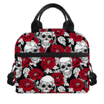 Red Peony Skull Pattern Print Insulated Lunch Bag