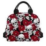 Red Peony Skull Pattern Print Insulated Lunch Bag
