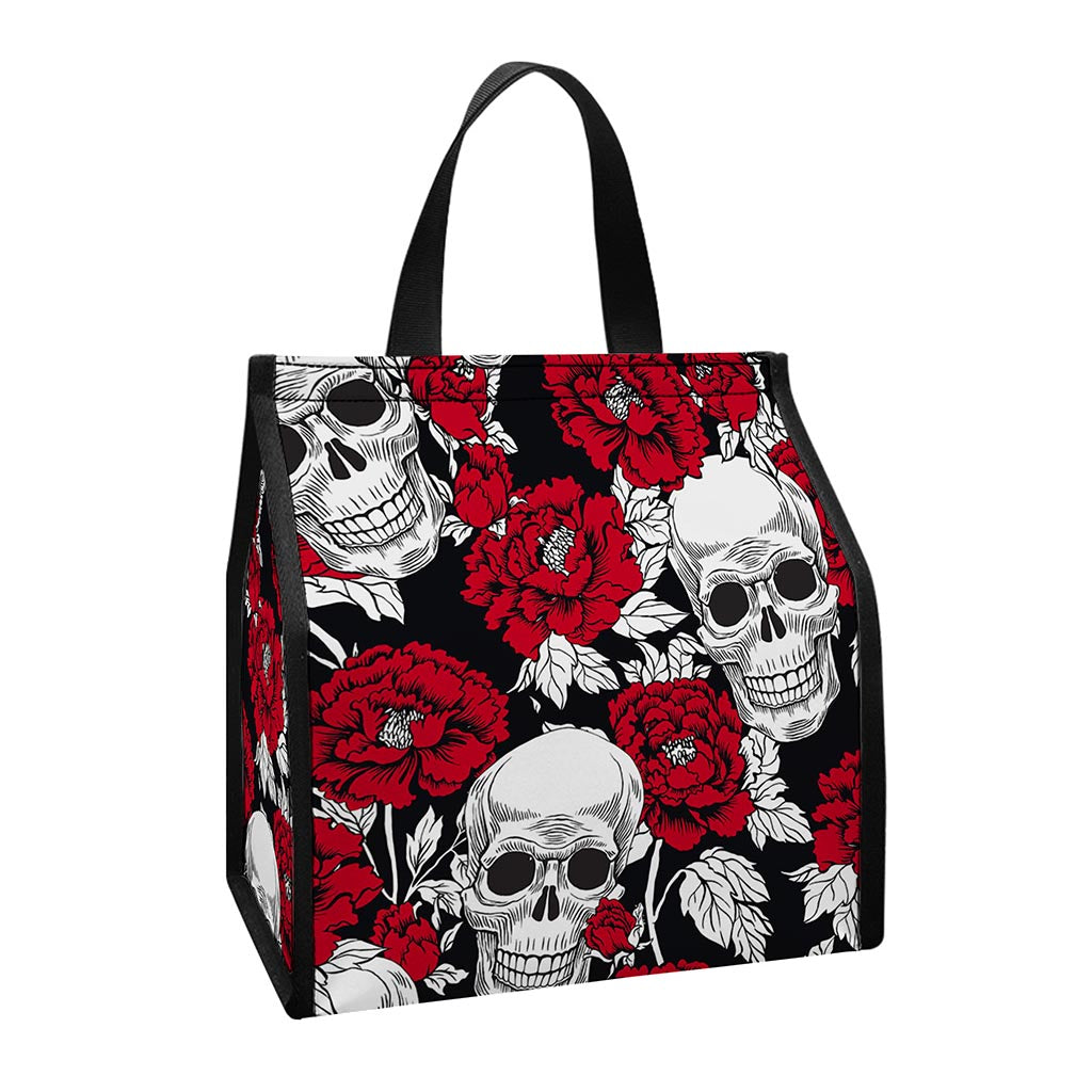 Red Peony Skull Pattern Print Insulated Lunch Tote