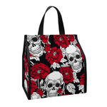 Red Peony Skull Pattern Print Insulated Lunch Tote