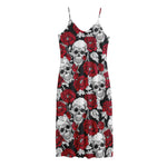 Red Peony Skull Pattern Print Jersey Midi Cami Dress
