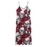 Red Peony Skull Pattern Print Jersey Midi Cami Dress
