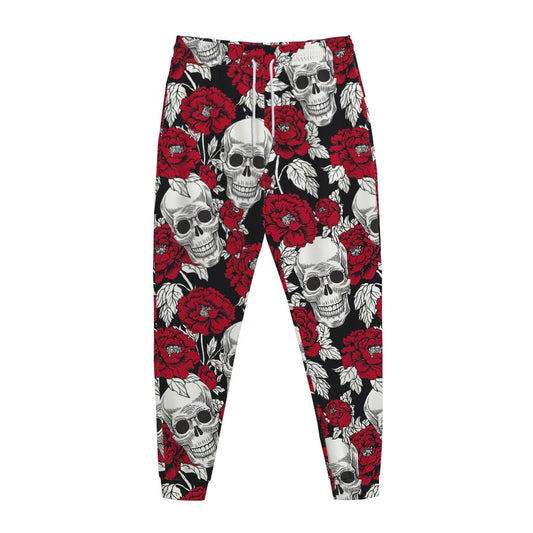 Red Peony Skull Pattern Print Jogger Pants