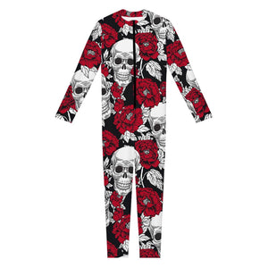 Red Peony Skull Pattern Print Jumpsuit