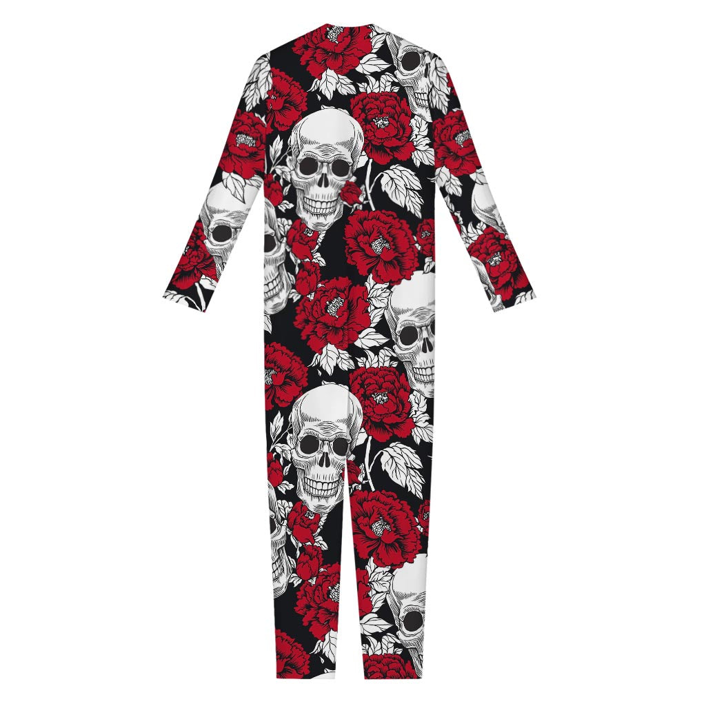 Red Peony Skull Pattern Print Jumpsuit