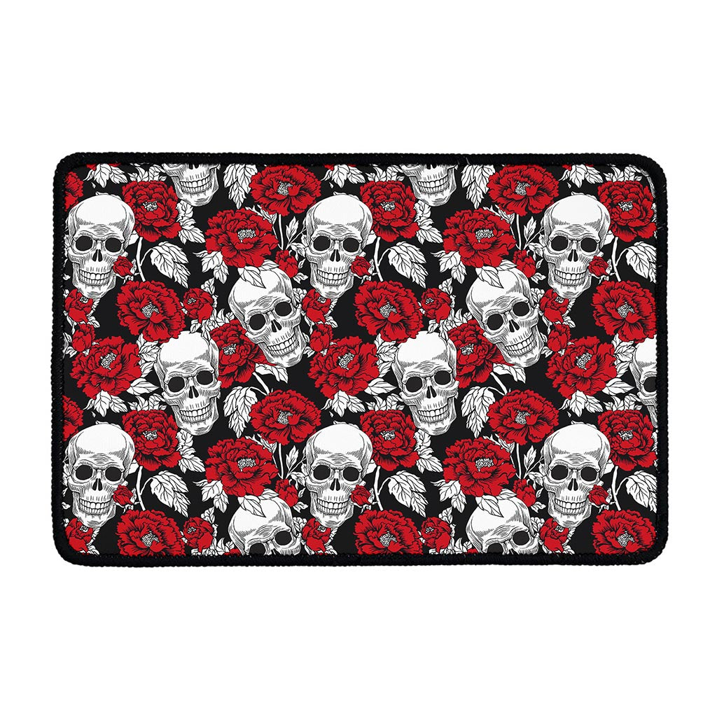Red Peony Skull Pattern Print Kitchen Mat