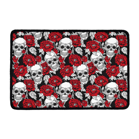 Red Peony Skull Pattern Print Kitchen Mat