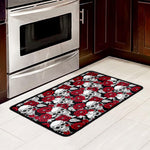 Red Peony Skull Pattern Print Kitchen Mat