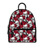 Red Peony Skull Pattern Print Leather Backpack
