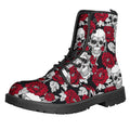 Red Peony Skull Pattern Print Lace-Up Boots