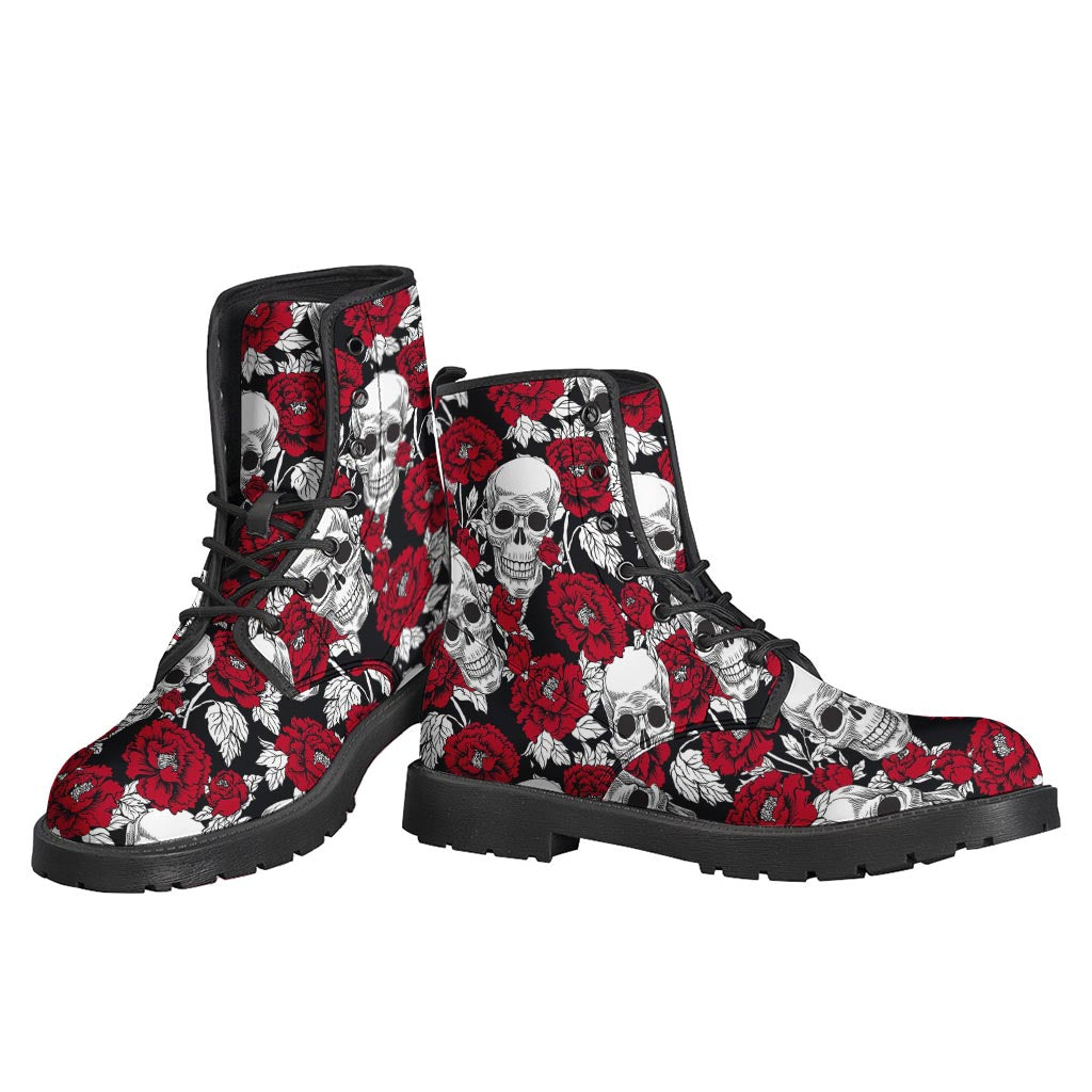 Red Peony Skull Pattern Print Backpack