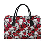 Red Peony Skull Pattern Print Leather Duffle Bag