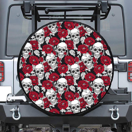 Red Peony Skull Pattern Print Leather Spare Tire Cover