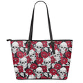 Red Peony Skull Pattern Print Leather Tote Bag With Zipper