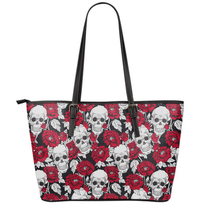 Red Peony Skull Pattern Print Leather Tote Bag