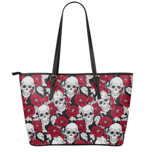 Red Peony Skull Pattern Print Leather Tote Bag
