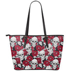 Red Peony Skull Pattern Print Leather Tote Bag