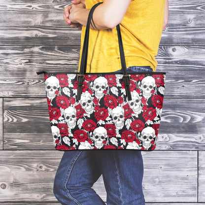 Red Peony Skull Pattern Print Leather Tote Bag