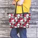 Red Peony Skull Pattern Print Leather Tote Bag