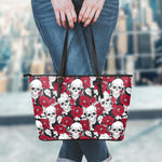 Red Peony Skull Pattern Print Leather Tote Bag