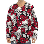 Red Peony Skull Pattern Print Long Sleeve Baseball Jersey