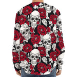 Red Peony Skull Pattern Print Long Sleeve Baseball Jersey