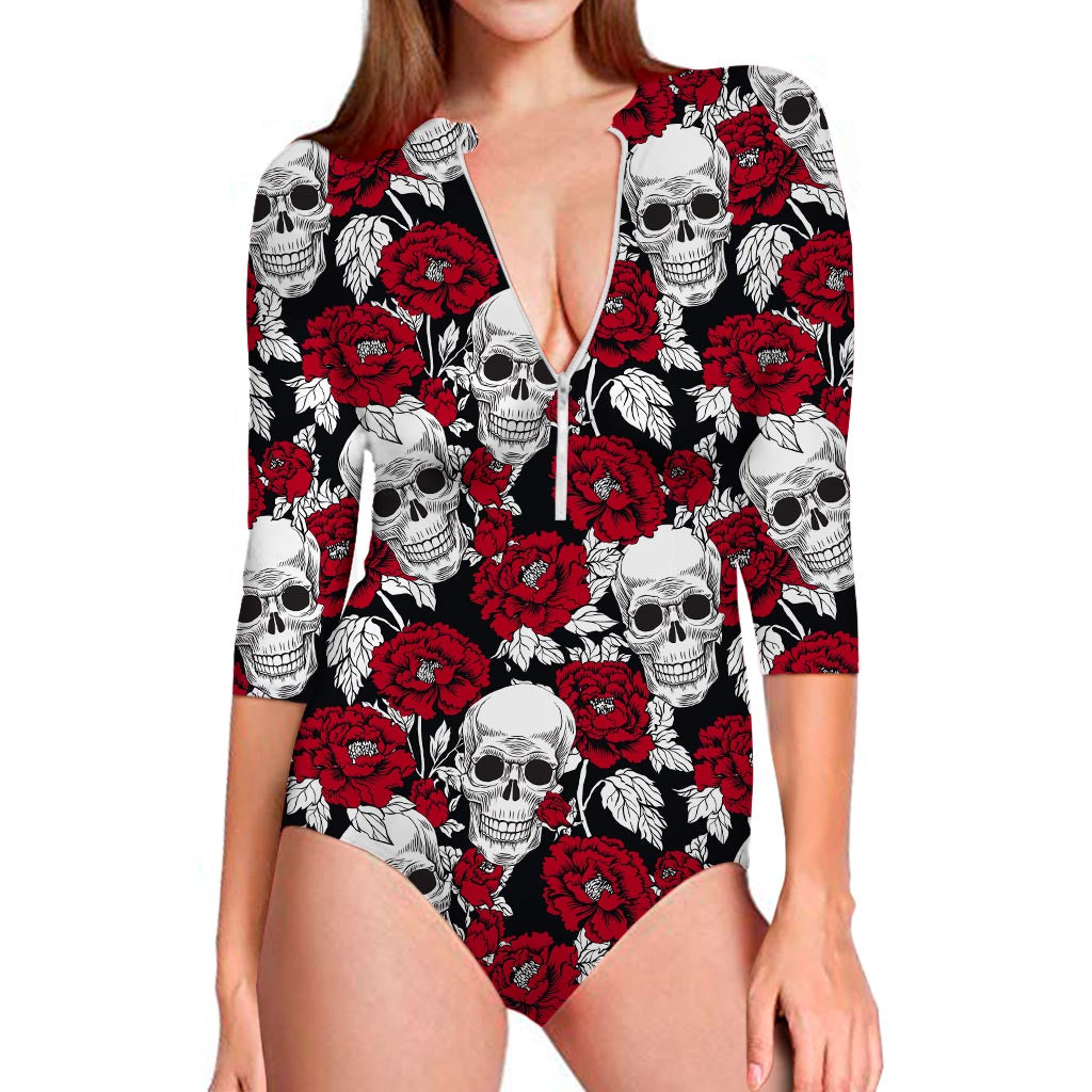 Red Peony Skull Pattern Print Long Sleeve Swimsuit