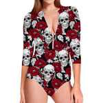 Red Peony Skull Pattern Print Long Sleeve Swimsuit