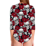 Red Peony Skull Pattern Print Long Sleeve Swimsuit