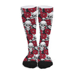 Red Peony Skull Pattern Print Long Socks