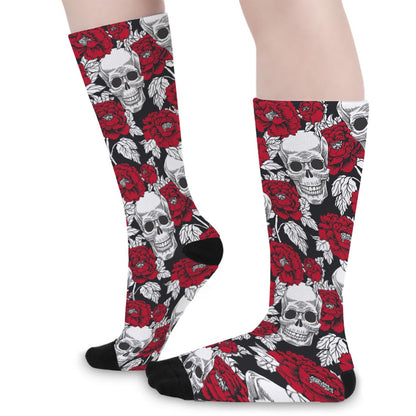 Red Peony Skull Pattern Print Long Socks