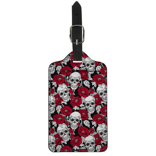 Red Peony Skull Pattern Print Luggage Tag