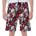 Red Peony Skull Pattern Print Men's Beach Shorts
