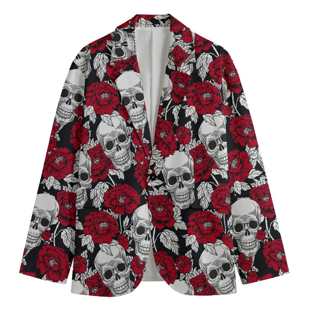Red Peony Skull Pattern Print Men's Blazer