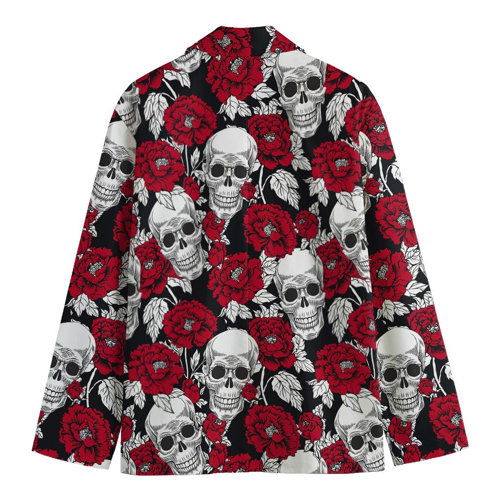 Red Peony Skull Pattern Print Men's Blazer
