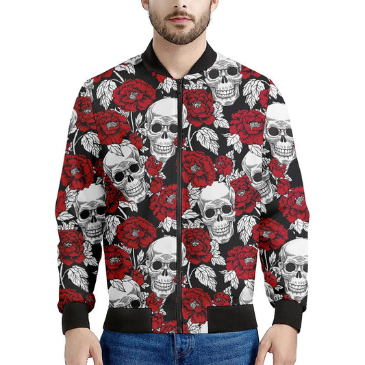 Red Peony Skull Pattern Print Men's Bomber Jacket