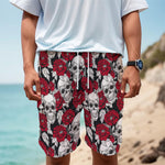 Red Peony Skull Pattern Print Men's Cargo Shorts